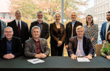 At the rear, left to right: Bernard Leblanc, Denys Derome, Michel Hamelin, Marianne Perron, Sébastien Almon, Sophie Brunette, Bruno Valet. At the front, left to right: Edward Wingell, Luc Fortin,Lucien Bouchard and Madeleine Careau