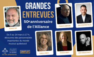 Grandes entrevues, 50e anniversaire de l'alliance. Images de participants sur fond bleu et or.